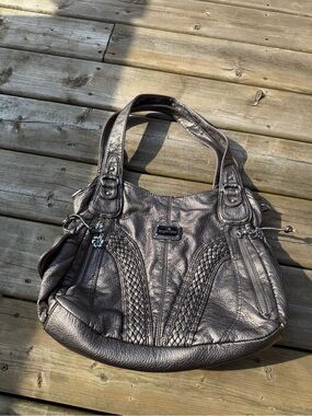 Angel Kiss Metallic Pewter Faux Leather Shoulder Bag Braided Trim Large Tote